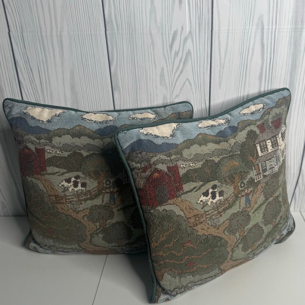 Set of 2 Farm Scene Tapestry Pillow Cows Apples Green Backing 10 x 12